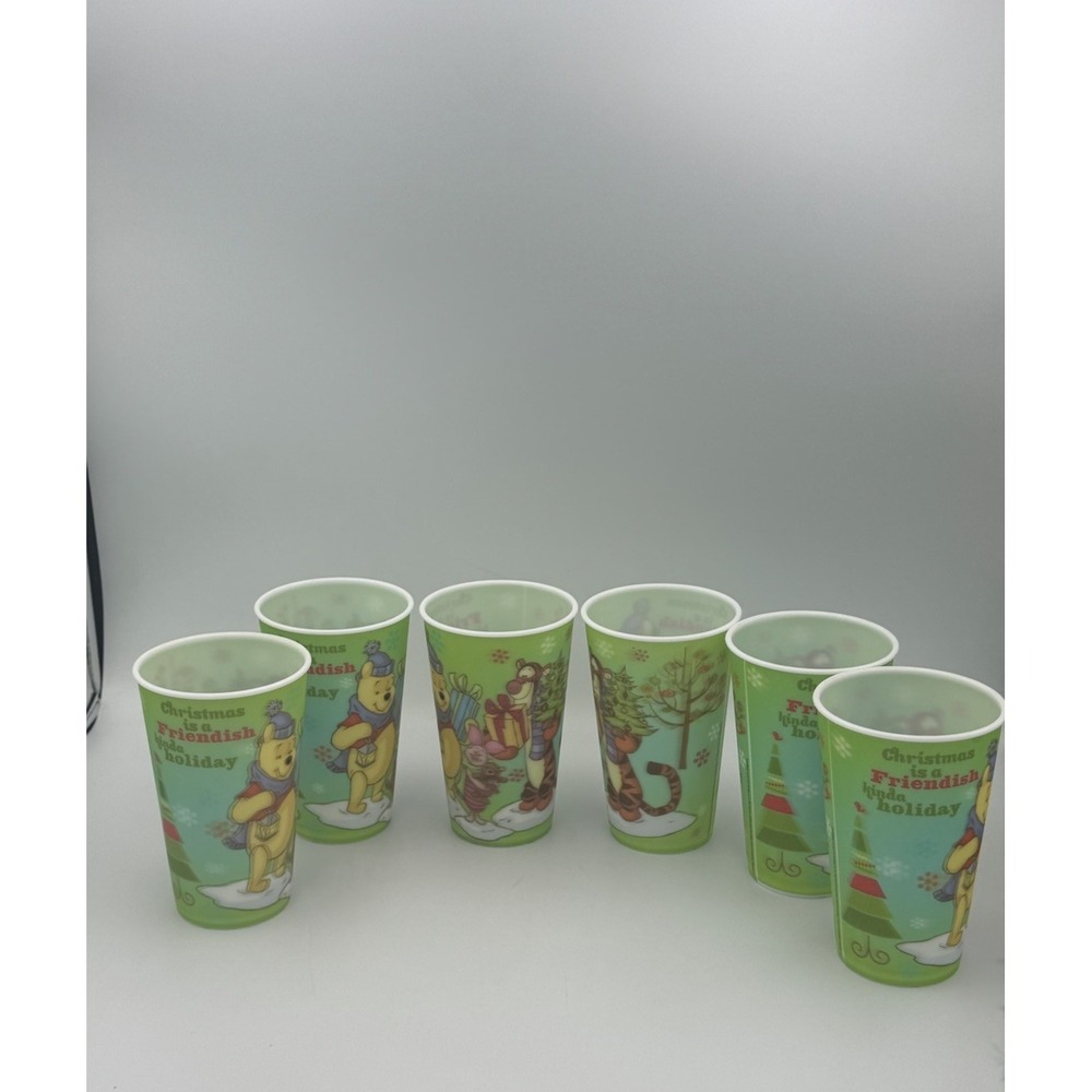 Disney Winnie the Pooh Christmas Cups Set of 6 Holiday Plastic 6.5"